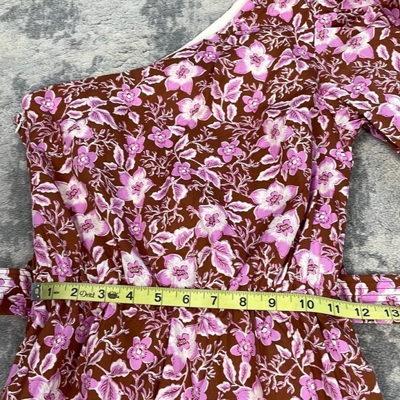 New Jason Wu One Shoulder Puff Sleeve Floral Belted Mini Dress Pink Tan XS - Picture 8 of 13